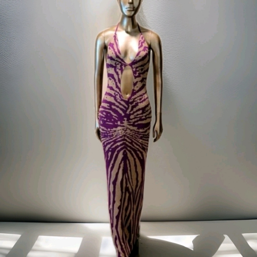 NWT Zebra Print Halter Neck Cut Out Tie Back Bodycon Knit Maxi Dress Sz M - Picture 8 of 13